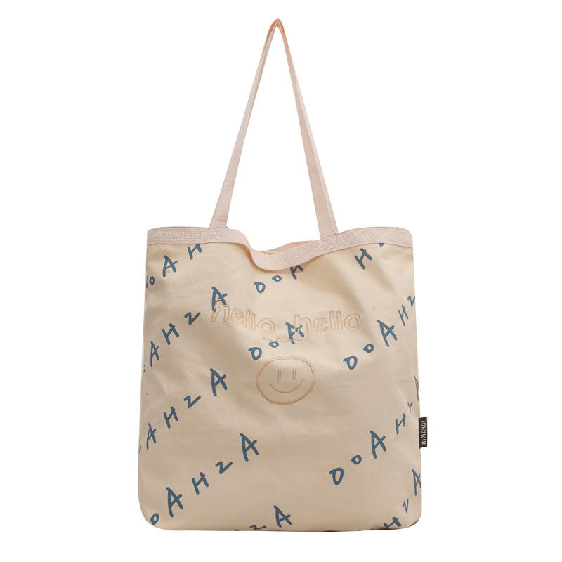 Manufacturer Custom Smiley Face Embroidery Monogram Single Shoulder Bag Large Capacity Cotton Canvas Bag