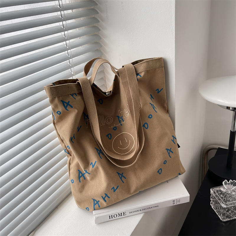 Manufacturer Custom Smiley Face Embroidery Monogram Single Shoulder Bag Large Capacity Cotton Canvas Bag