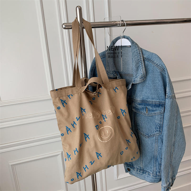 Manufacturer Custom Smiley Face Embroidery Monogram Single Shoulder Bag Large Capacity Cotton Canvas Bag