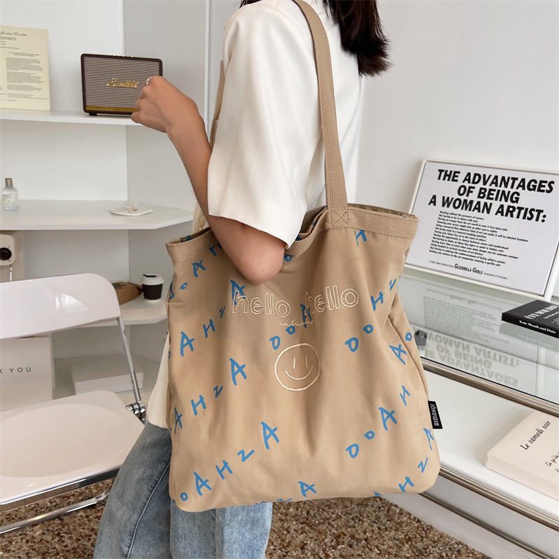 Manufacturer Custom Smiley Face Embroidery Monogram Single Shoulder Bag Large Capacity Cotton Canvas Bag