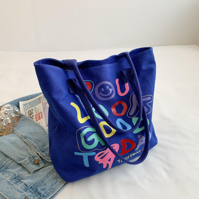 Large Capacity Custom Color Letter Carry-on Canvas Bag Fashion Smiley Tote Bag