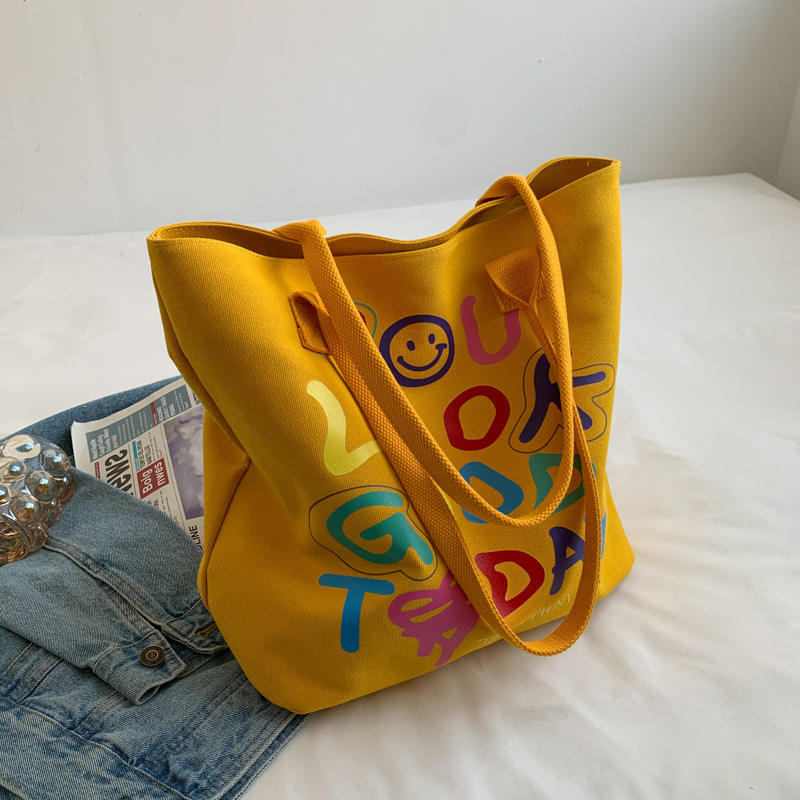 Large Capacity Custom Color Letter Carry-on Canvas Bag Fashion Smiley Tote Bag