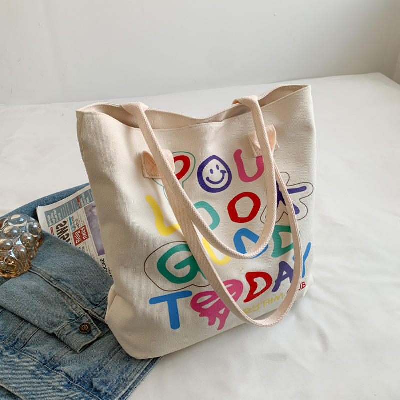 Large Capacity Custom Color Letter Carry-on Canvas Bag Fashion Smiley Tote Bag