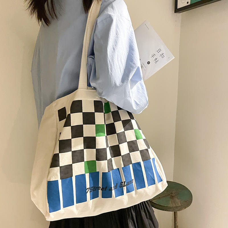 Wholesale Custom Niche Design Sense Checkerboard Canvas Bag Fashion Color Contrast Handbag