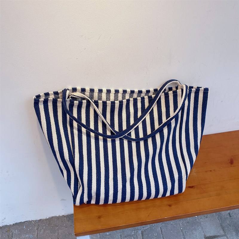 Large Capacity Environmental Protection Custom Logo Canvas Bag Fashion Simple Striped Shopping Bag