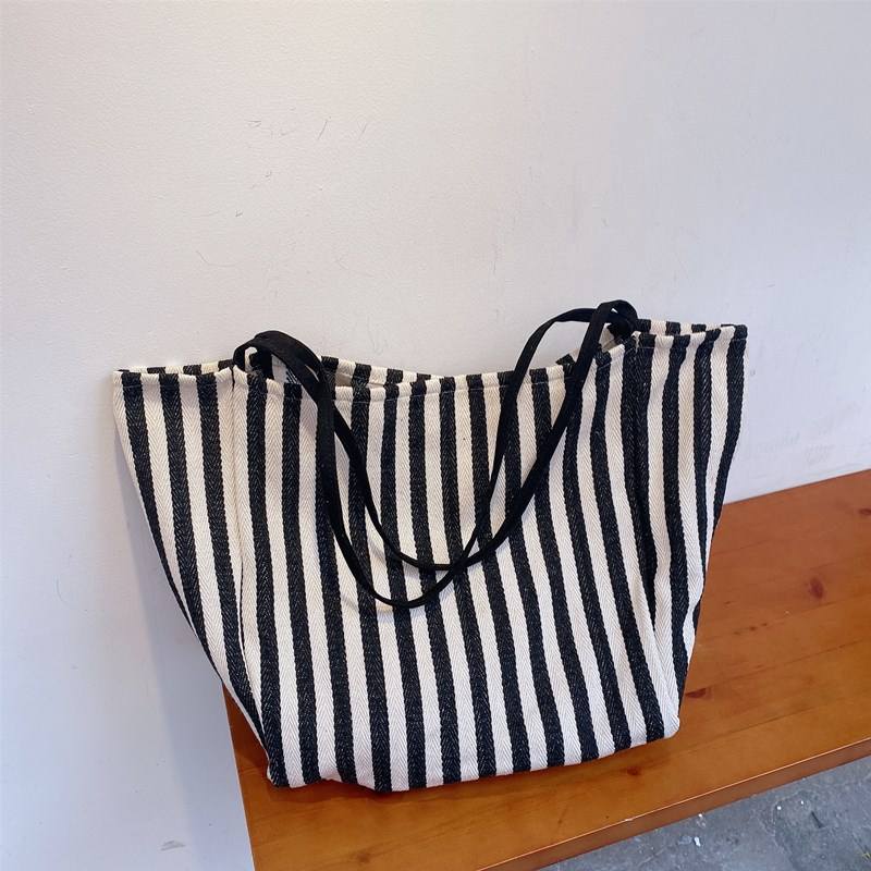 Large Capacity Environmental Protection Custom Logo Canvas Bag Fashion Simple Striped Shopping Bag