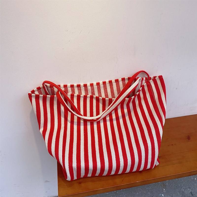 Large Capacity Environmental Protection Custom Logo Canvas Bag Fashion Simple Striped Shopping Bag