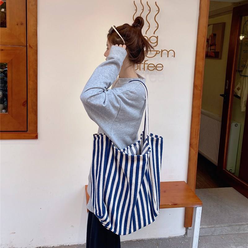 Large Capacity Environmental Protection Custom Logo Canvas Bag Fashion Simple Striped Shopping Bag