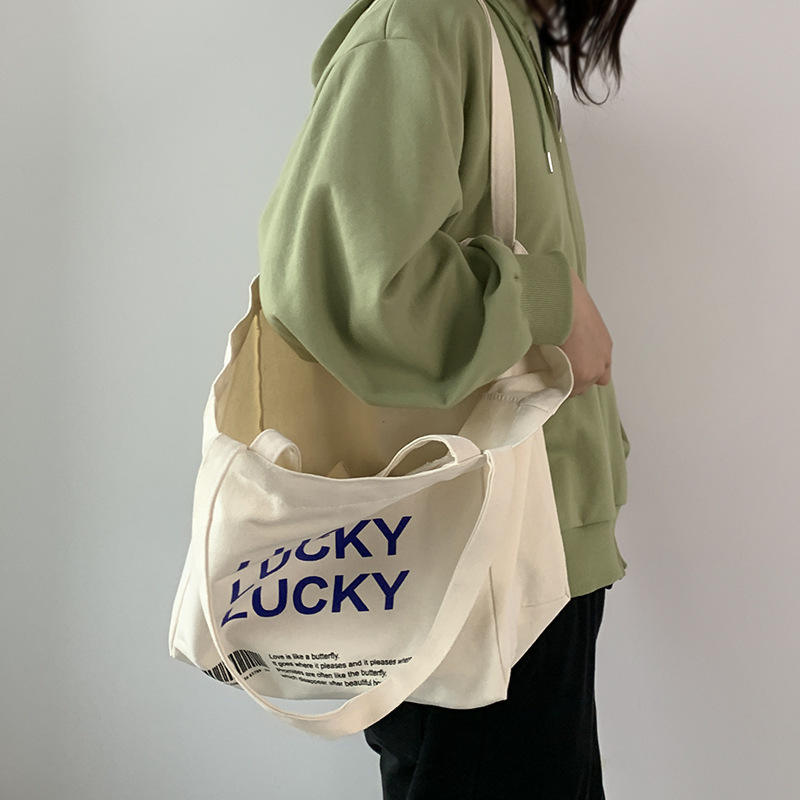 Fashion Simple Letter Crossbody Bag Large Capacity Custom Printed Cotton Canvas Bag
