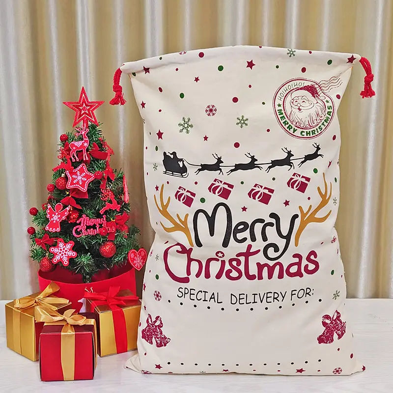 Custom Recycled Reusable 12Oz 16Oz Thick 100% Organic Cotton Christmas Canvas Drawstring Bag For Gift Packaging
