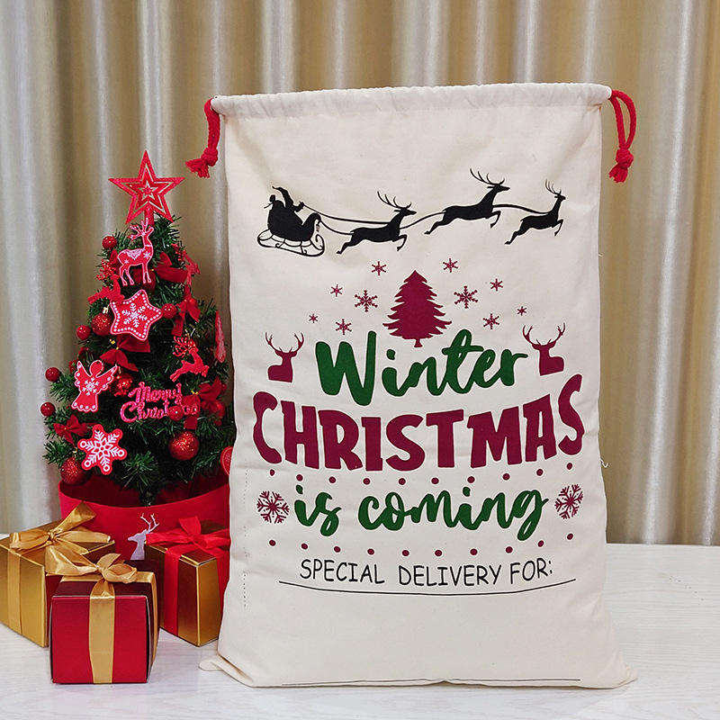 Custom Recycled Reusable 12Oz 16Oz Thick 100% Organic Cotton Christmas Canvas Drawstring Bag For Gift Packaging