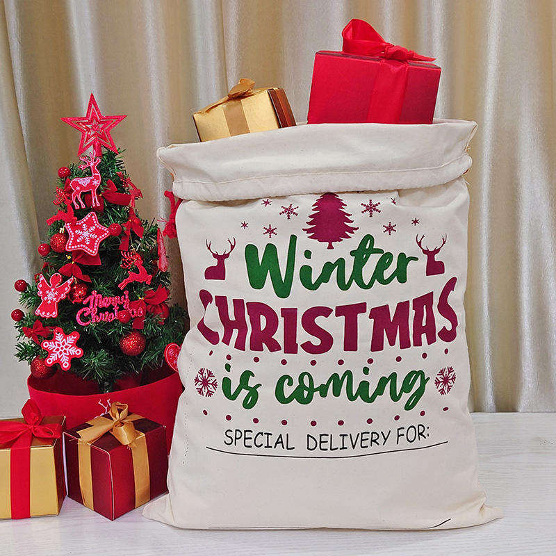 Custom Recycled Reusable 12Oz 16Oz Thick 100% Organic Cotton Christmas Canvas Drawstring Bag For Gift Packaging