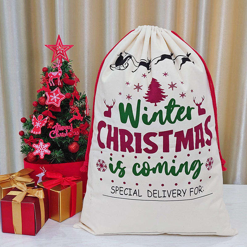 Custom Recycled Reusable 12Oz 16Oz Thick 100% Organic Cotton Christmas Canvas Drawstring Bag For Gift Packaging