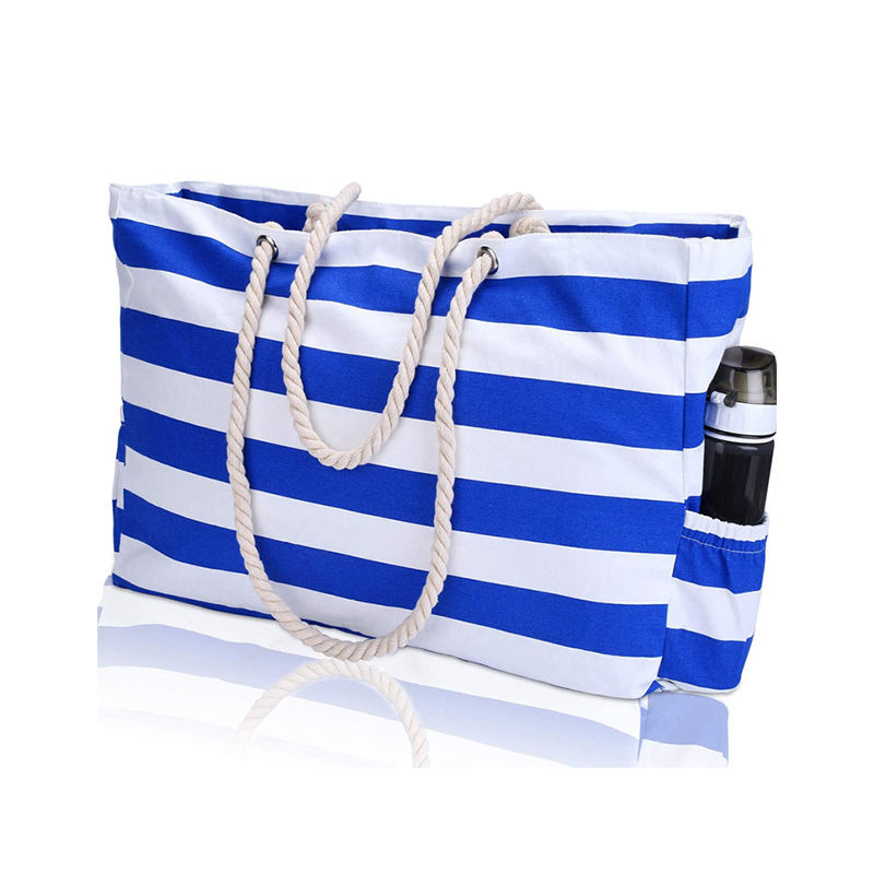 Manufacturer Custom Large Capacity Canvas Bag Blue Striped Beach Bag Travel Bag