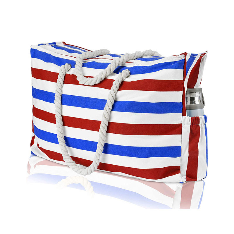Manufacturer Custom Large Capacity Canvas Bag Blue Striped Beach Bag Travel Bag