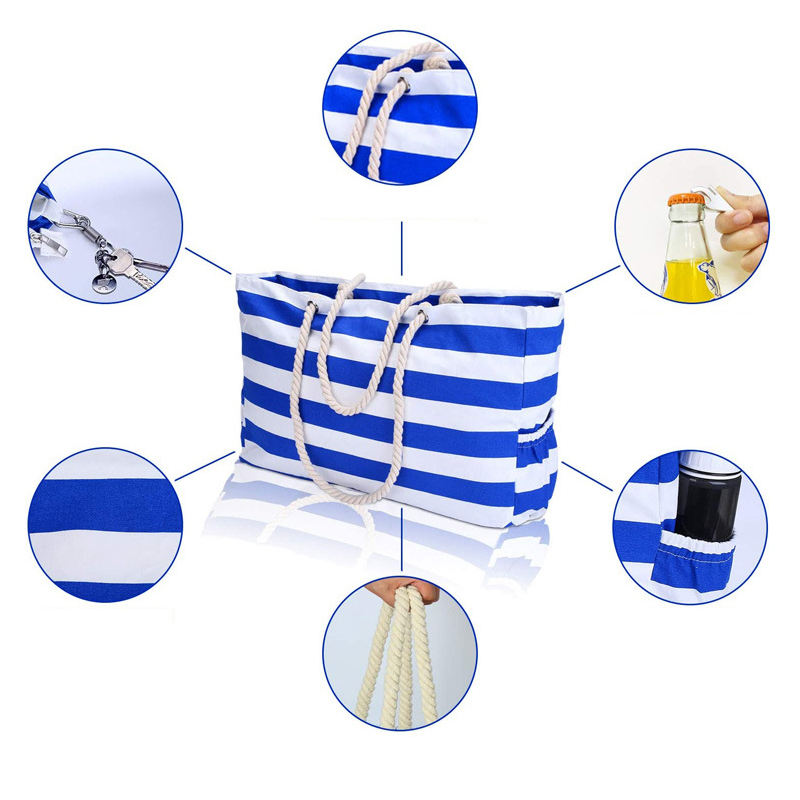 Manufacturer Custom Large Capacity Canvas Bag Blue Striped Beach Bag Travel Bag