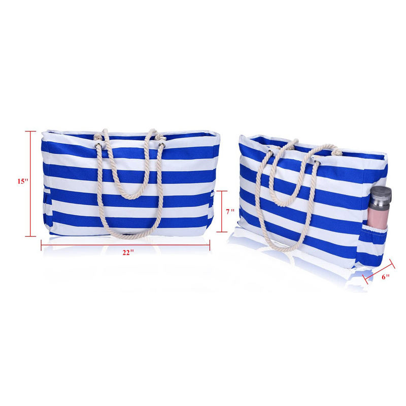 Manufacturer Custom Large Capacity Canvas Bag Blue Striped Beach Bag Travel Bag
