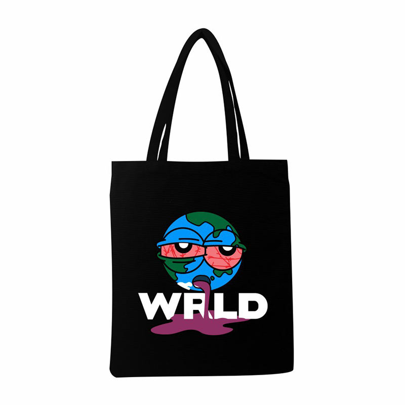 Creative Black Cotton Canvas Bag Custom Printed Cartoon Shopping Bag