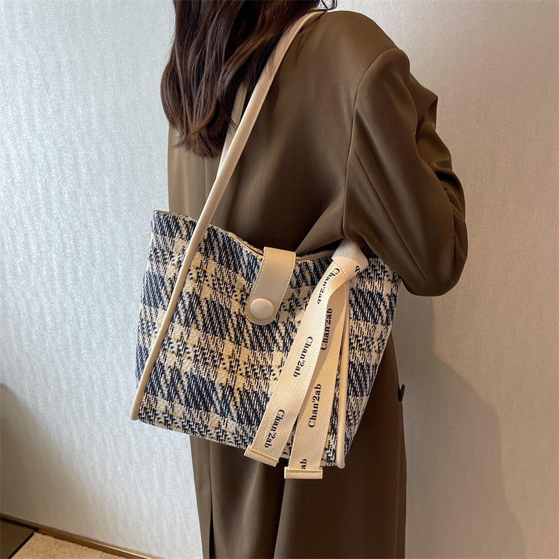 Korean Style Large Plaid Canvas Tote Shopping Bag