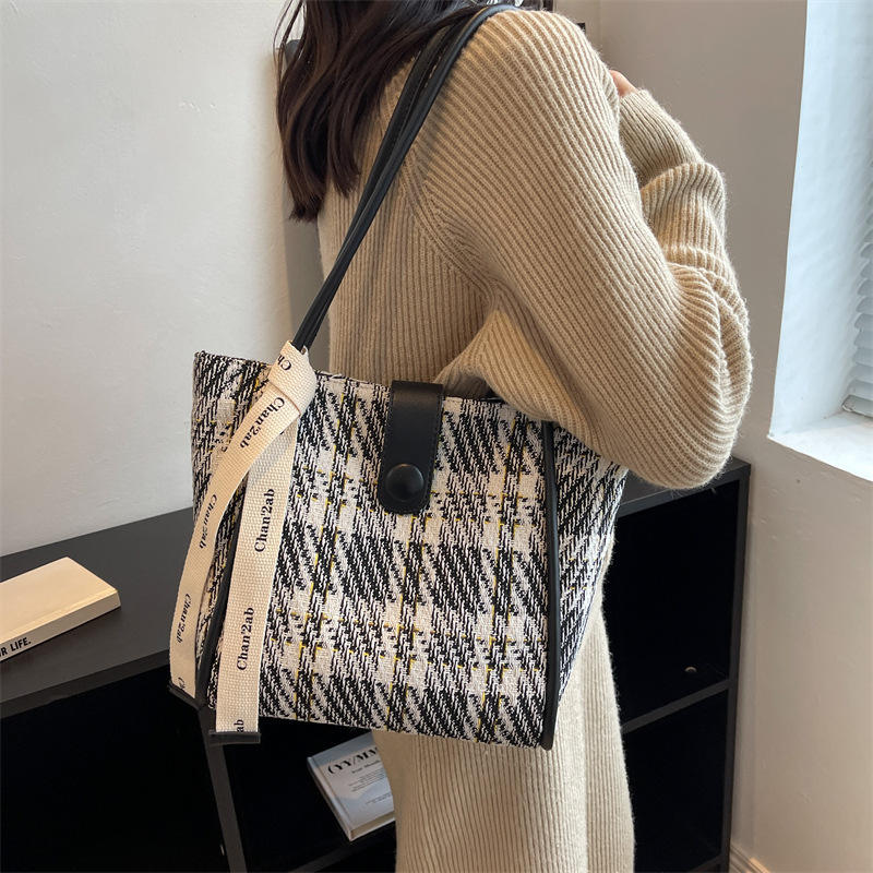Korean Style Large Plaid Canvas Tote Shopping Bag