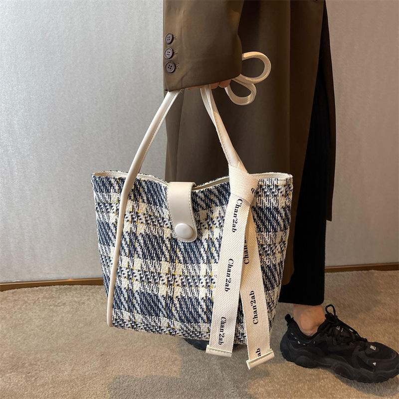 Korean Style Large Plaid Canvas Tote Shopping Bag