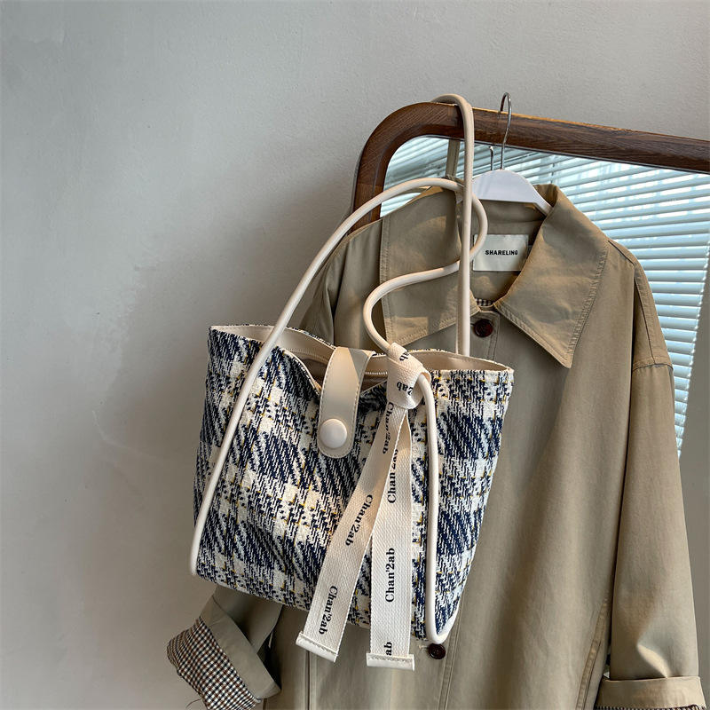 Korean Style Large Plaid Canvas Tote Shopping Bag