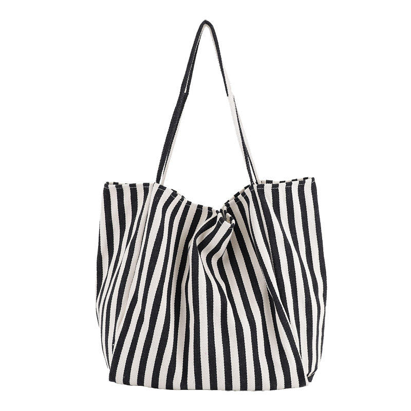 Large Capacity Environmental Protection Custom Logo Canvas Bag Fashion Simple Striped Shopping Bag