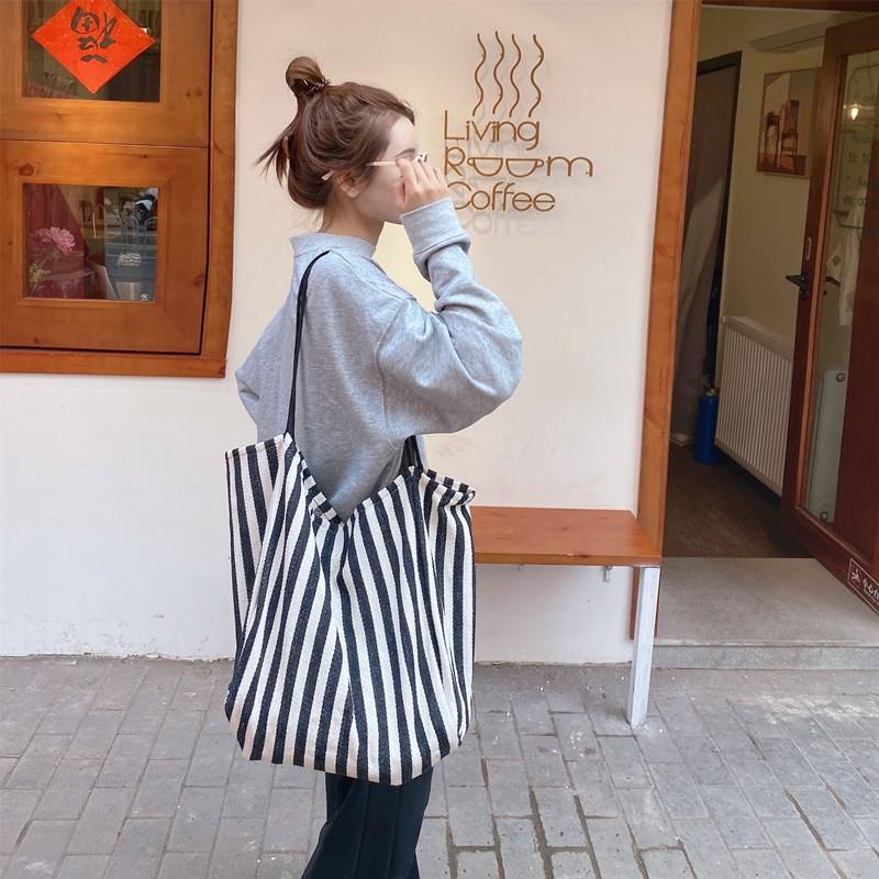 Large Capacity Environmental Protection Custom Logo Canvas Bag Fashion Simple Striped Shopping Bag
