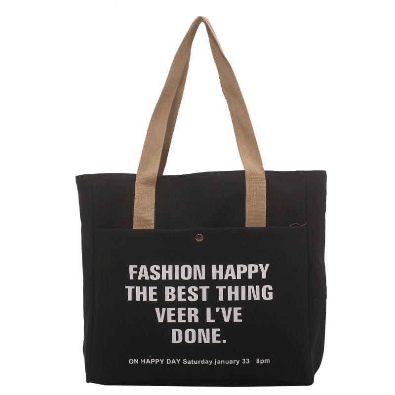 Fashion Letter Printed Canvas Tote Bag with Pocket and Zipper