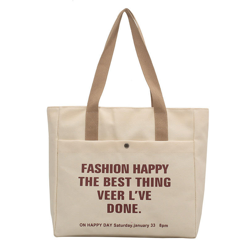 Fashion Letter Printed Canvas Tote Bag with Pocket and Zipper