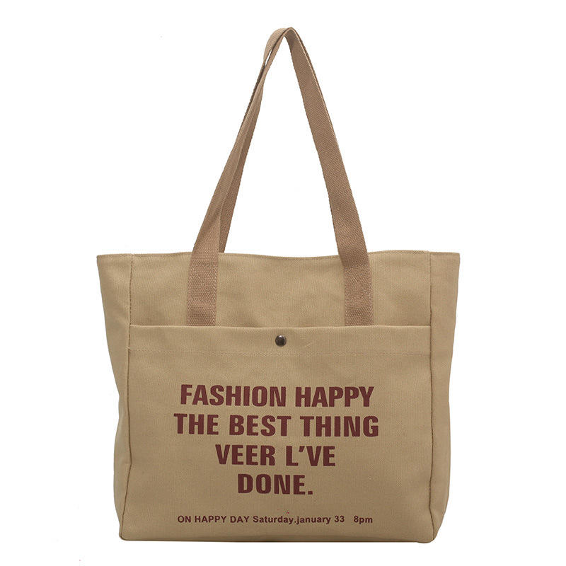 Fashion Letter Printed Canvas Tote Bag with Pocket and Zipper