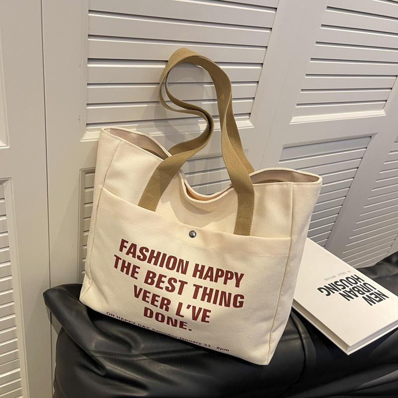 Fashion Letter Printed Canvas Tote Bag with Pocket and Zipper
