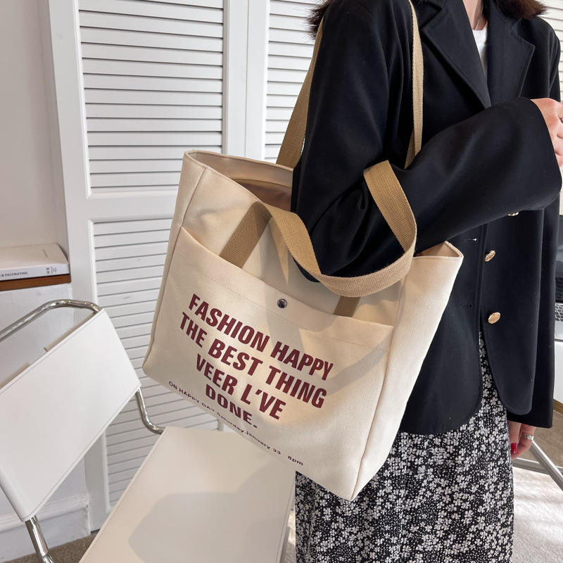 Fashion Letter Printed Canvas Tote Bag with Pocket and Zipper