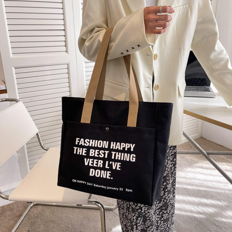 Fashion Letter Printed Canvas Tote Bag with Pocket and Zipper