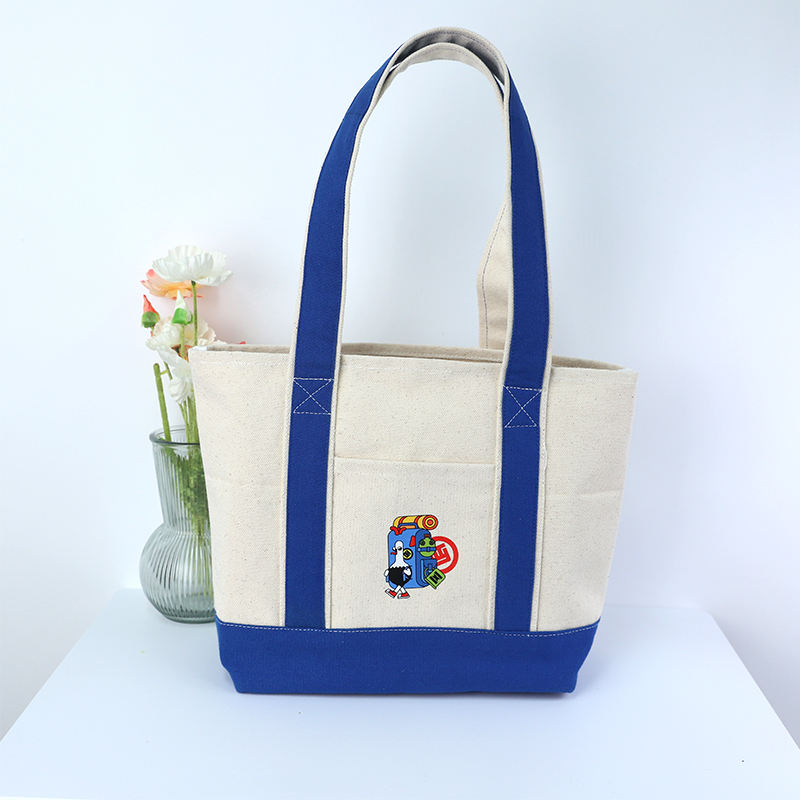 Wholesale Eco-friendly Spliced Shoulder Cotton Canvas Shopping Bag With Side Pockets