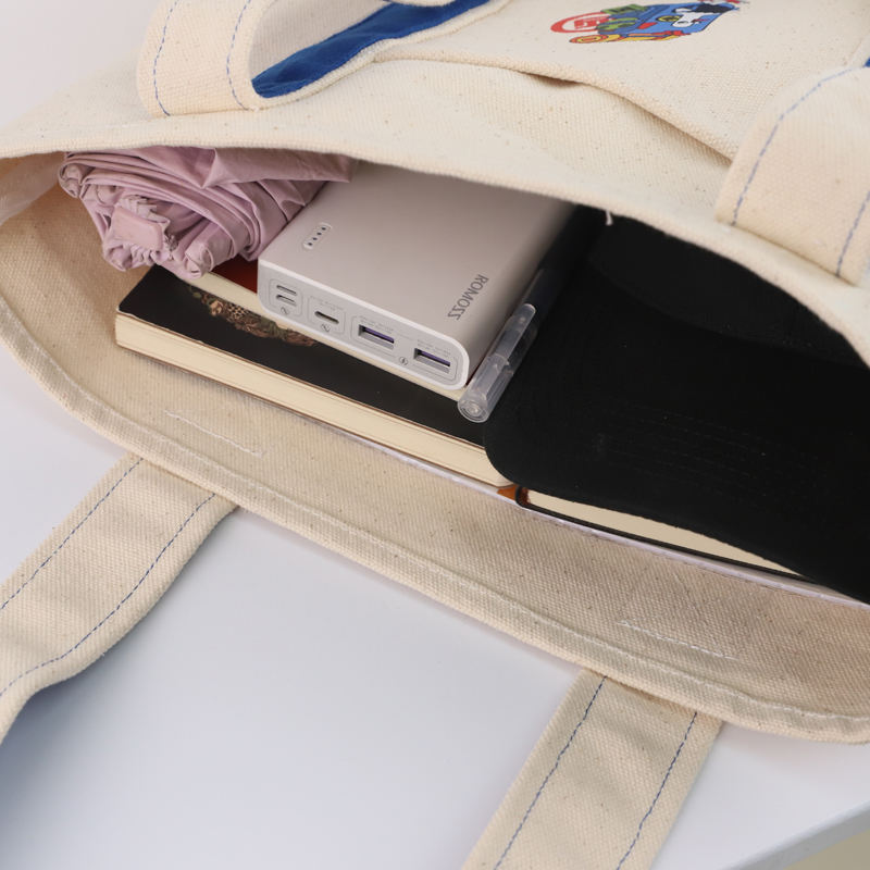 Wholesale Eco-friendly Spliced Shoulder Cotton Canvas Shopping Bag With Side Pockets