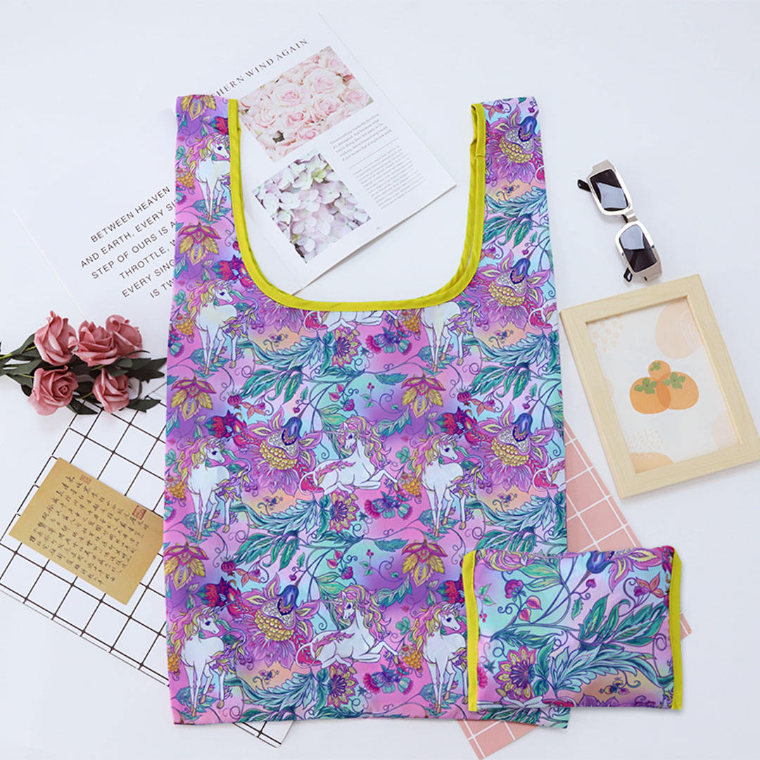 Factory Supply Promotional Eco Floral Print Polyester Foldable Grocery Tote Bags Reusable Shopping Bag With Hook