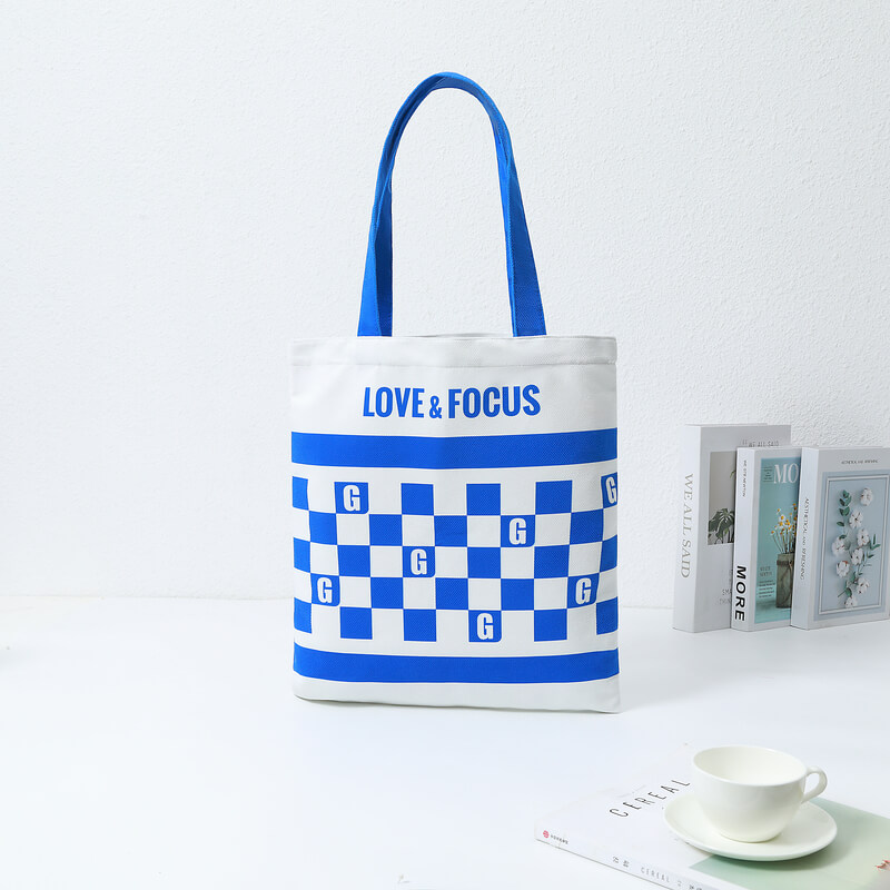 Blue and white square bottomless canvas bag with no sides