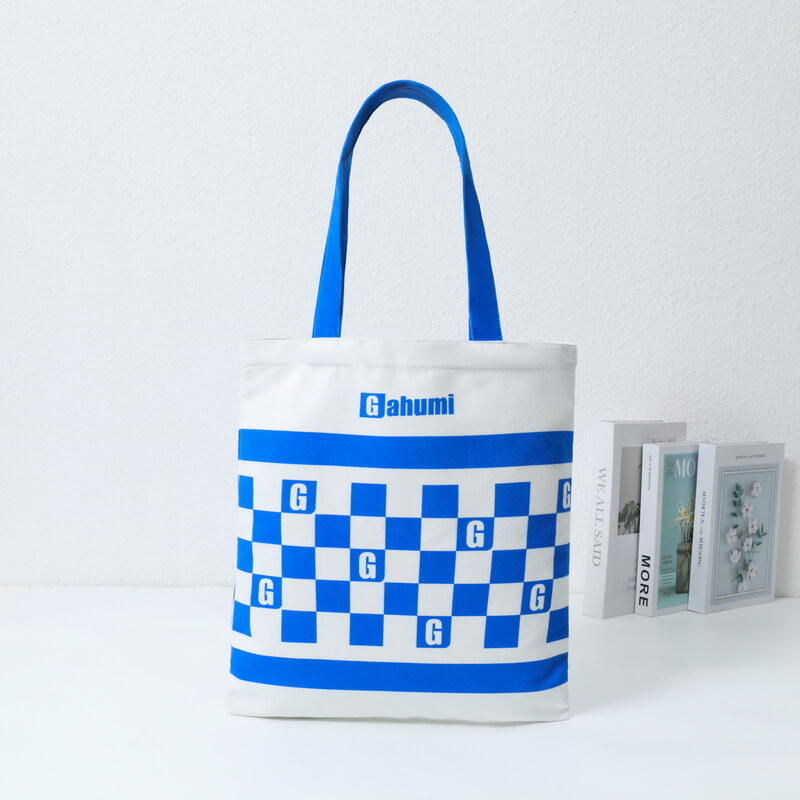 Blue and white square bottomless canvas bag with no sides