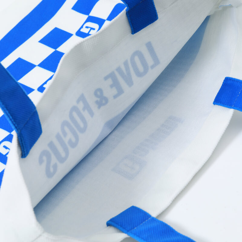 Blue and white square bottomless canvas bag with no sides