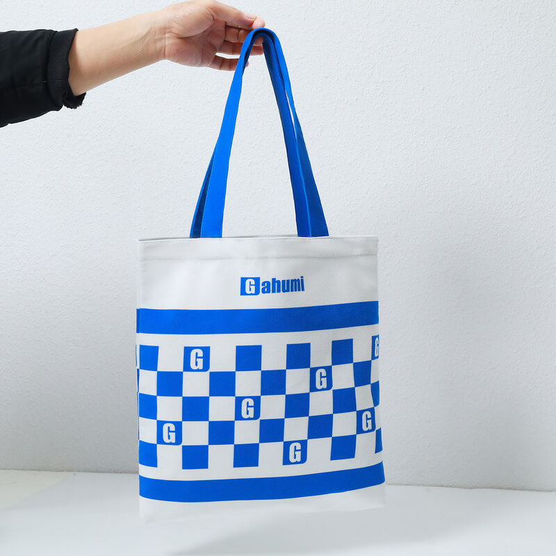 Blue and white square bottomless canvas bag with no sides