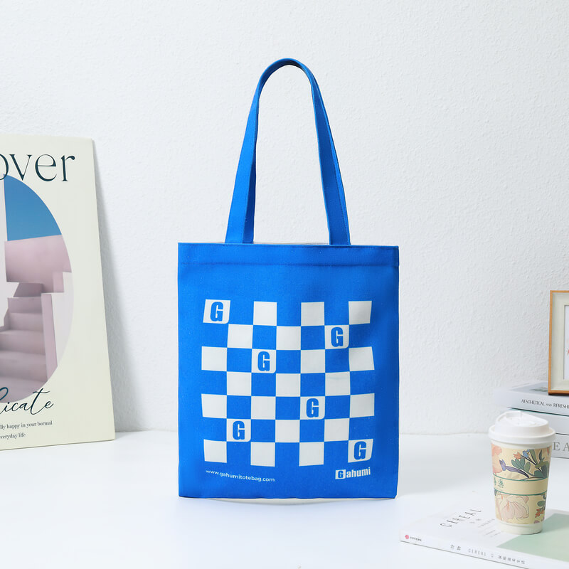Blue and white square bottomless canvas bag with no sides