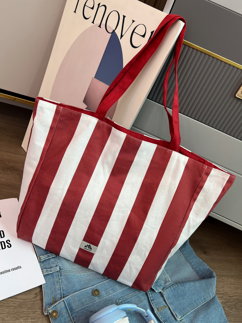 Gahumi Large Capacity Environmental Protection Custom Logo Canvas Bag Fashion Simple Striped Shopping Bag