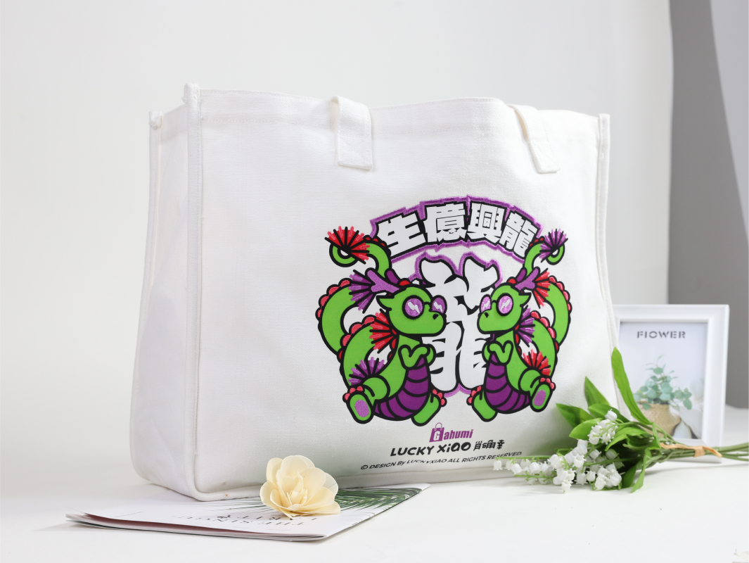 Printed+3D Embroidered Bottom and Side Canvas Bag